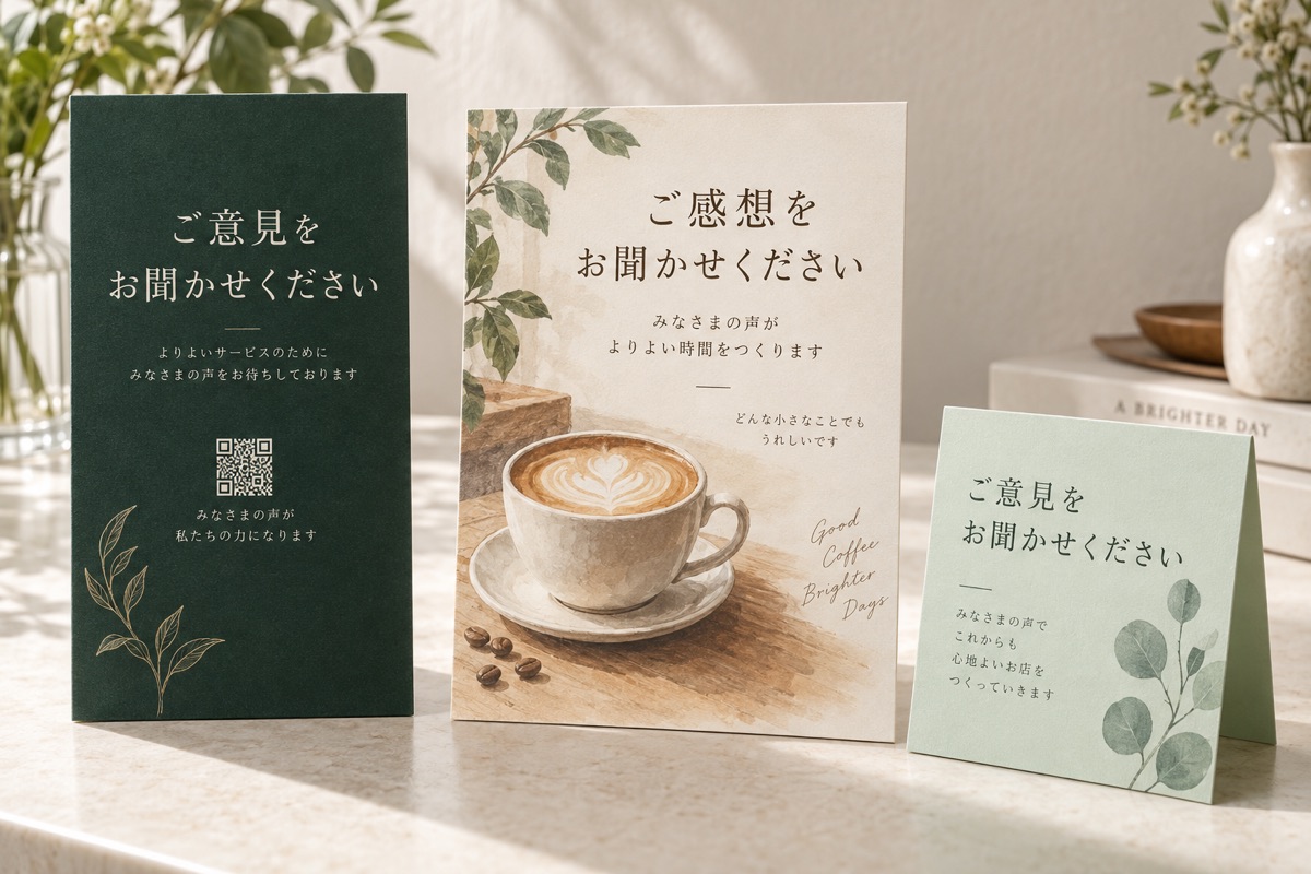 カウンターに置いた3種類の店頭POP。濃緑・水彩・淡緑の3配色